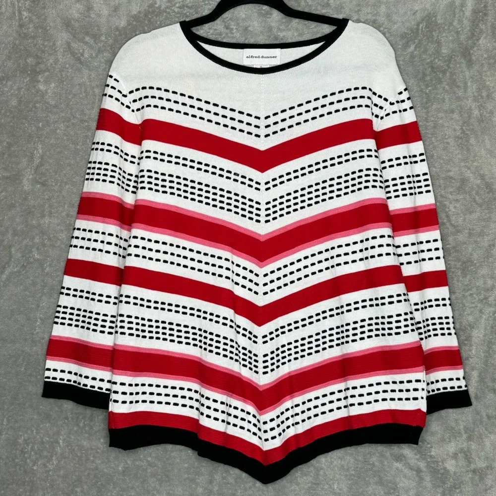 Alfred Dunner XL Sweater White Red Striped 3/4 Sleeve Round Neck Cotton Blend